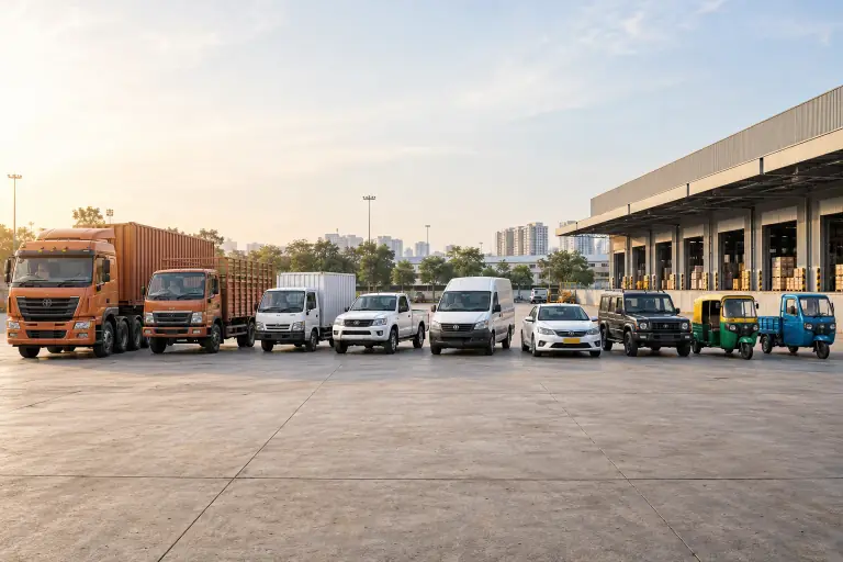 Indian commercial fleet with heavy truck, lorry, mini truck, pickup, van, taxi, SUV and auto-rickshaw
