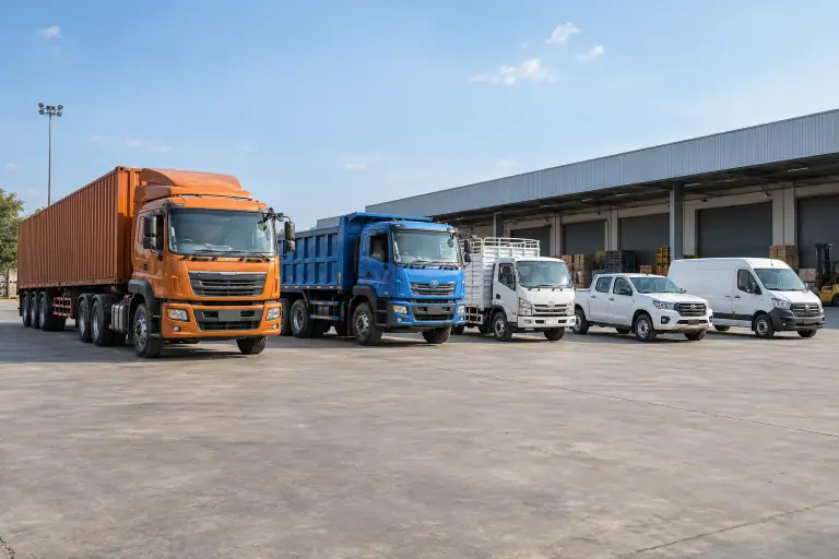 Indian heavy truck, lorry, mini truck, pickup and cargo van at a logistics depot